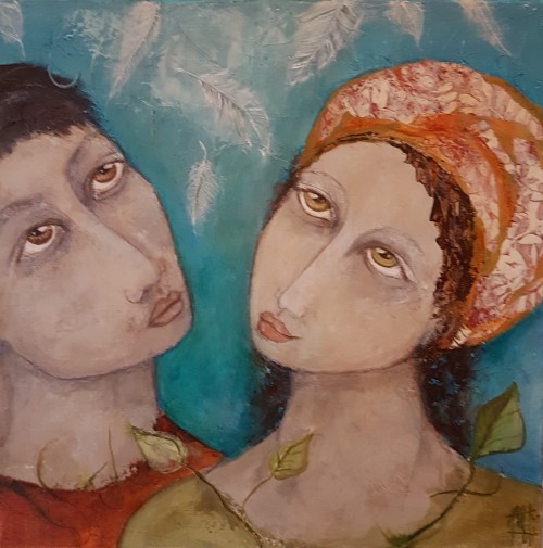 Entre feuilles et plumes . 40x40cm . 2019